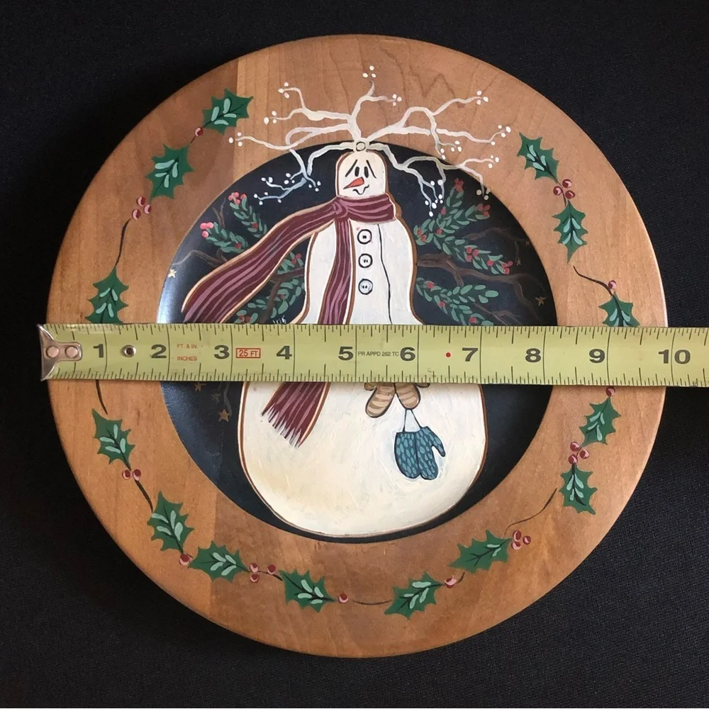 Hand-Painted Primitive Artist Signed Wood Plate Wall Plaque - Snowman Christmas
